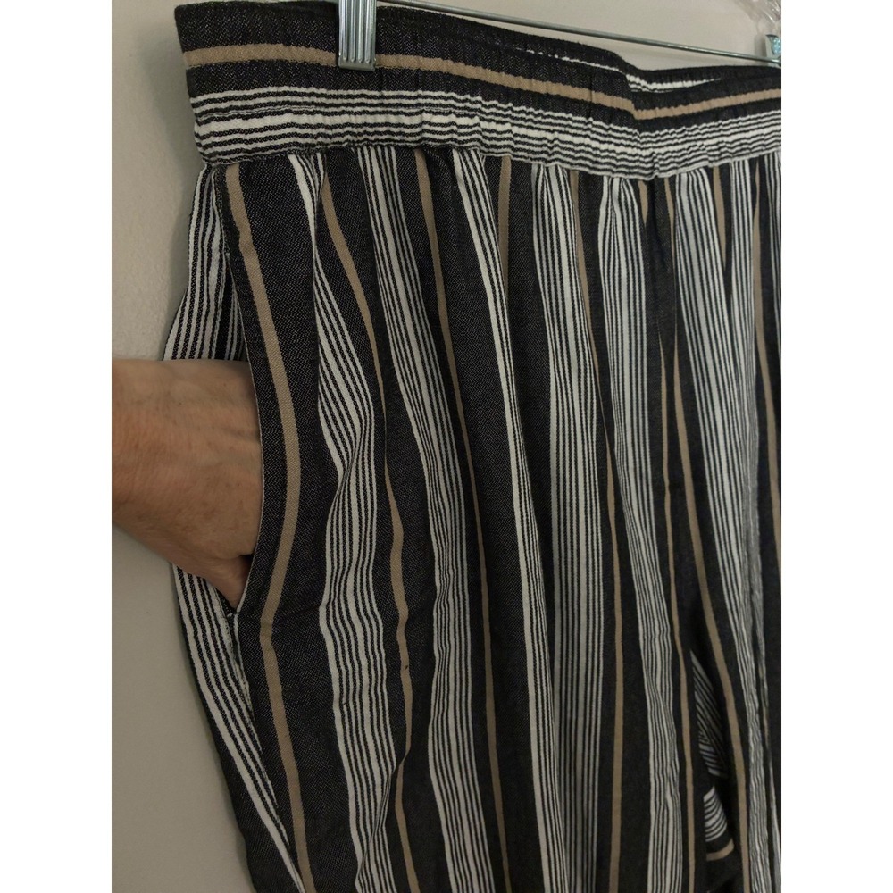 Striped Pants Women 22W Black White Tan Linen Blend Wide Leg Fringe - Picture 7 of 8